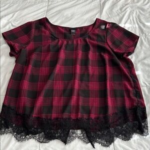 Torrid Black and Red Plaid Blouse with Lace Trim